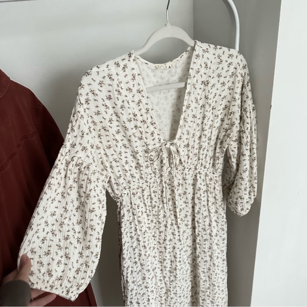 Solai The Label gauze cream and brown floral dress